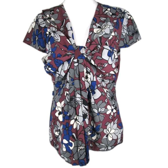 Nicole Miller Floral Top Purple & Gray Cap Sleeve Knot Front Polyester L (B1-88) - Picture 1 of 7